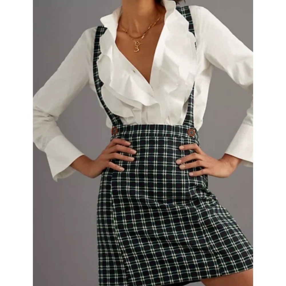 Anthropologie Maeve Plaid Pinafore Skirt Overalls Suspenders Green Size 8